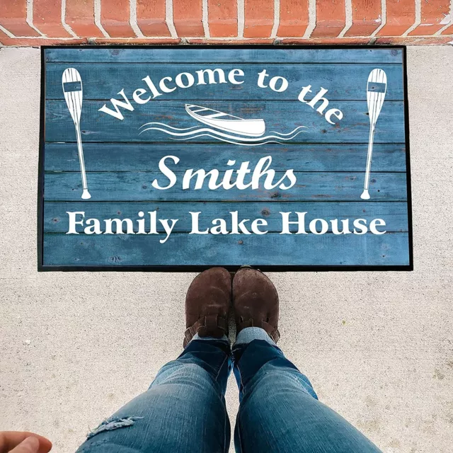 Custom Family Lake House Doormat, 24” x 36”, Blue Wood Image Door Mat