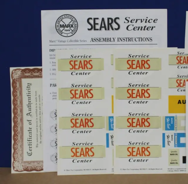 Marx 1995 Sears Service Center Gas Station 3 sets Stickers, Instructions, COA