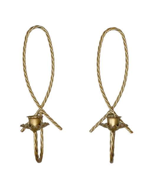 Vintage Set Of 2 Antique Gold Metal Twisted Rope Wall Sconces Candle Holder MCM