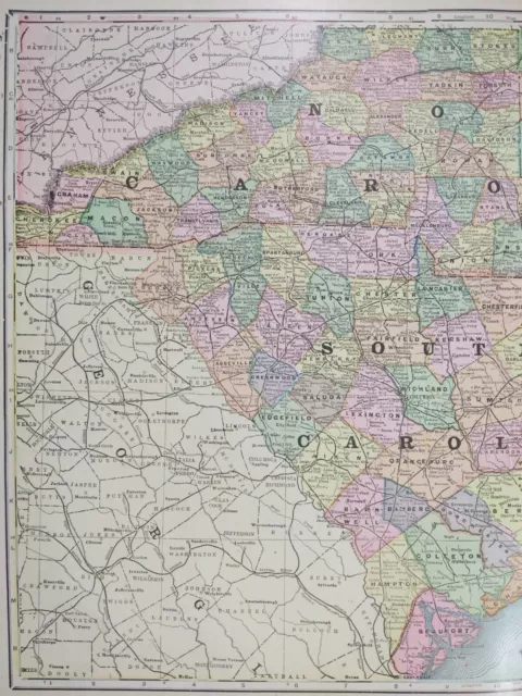 Vintage 1901 NORTH & SOUTH CAROLINA Map 22"x14" ~ Old Antique Original NC SC 2