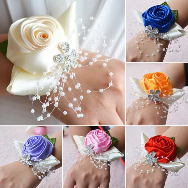 New Wrist Flower Corsage Bride Bridesmaid Artifical Rose Pearl Bracelet  Wedding | eBay