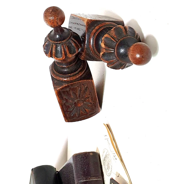 Antique french architectural salvage - 2 Rosette wood carving post finial 6 in .