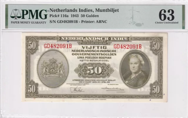 NETHERLANDS INDIES 50 Gulden 1943 PMG 63 UNC