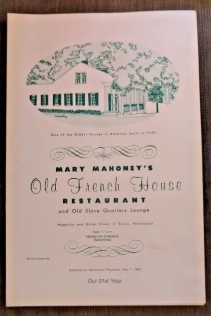 VINTAGE MARY MAHONEY'S OLD FRENCH HOUSE RESTAURANT Menu Biloxi Mississippi 1984 £28.21 - PicClick UK