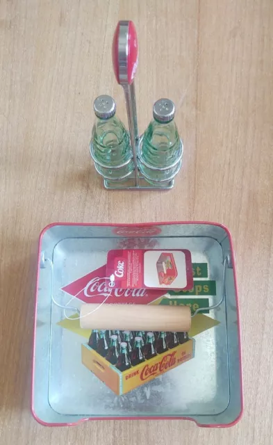 Coca Cola Bottle Salt and Pepper Shakers with Rack and Napkin Holder