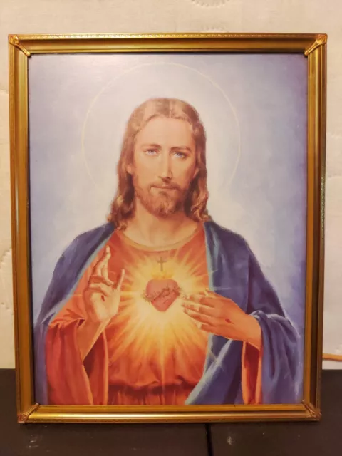 Vintage Framed Print of The Sacred Heart of Jesus Tabletop Brass Frame 8x10 Inch