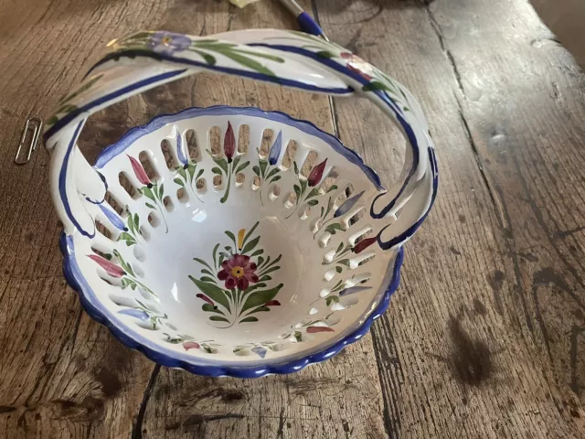 Vintage RCCL Portugal Ceramic Hand Painted Basket with Braided Handles