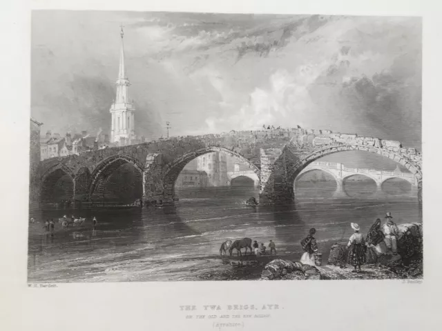 1838 Antique Print; Twa Brigs, Ayr after William Henry Bartlett