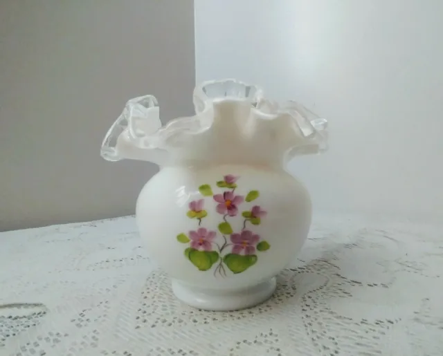 Vintage Signed Fenton White Milk Glass Hand Painted Floral Ruffled Rim Vase