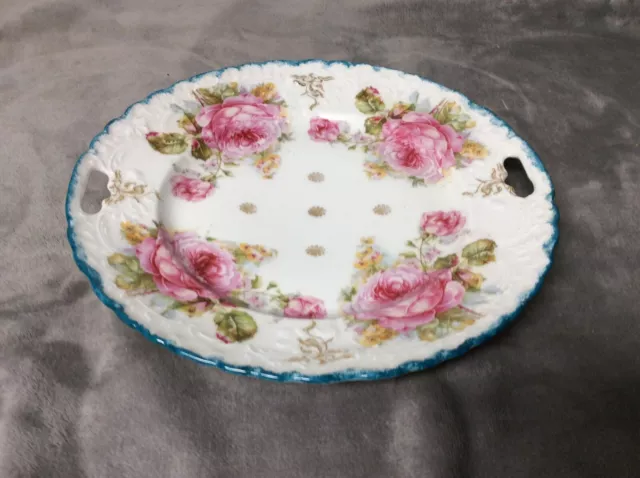 Vintage Porcelain Handled Serving Cake Plate w/ Pink Roses, Gold/Blue Trim 10"