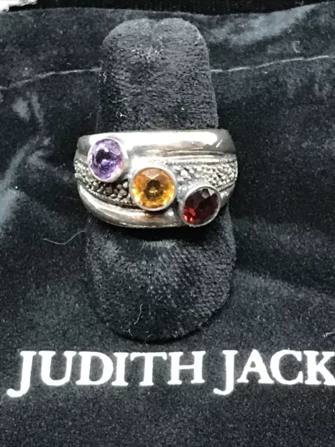 Vintage Judith Jack Sterling Silver Marcasite- Amethyst, Garnet & Topaz Ring