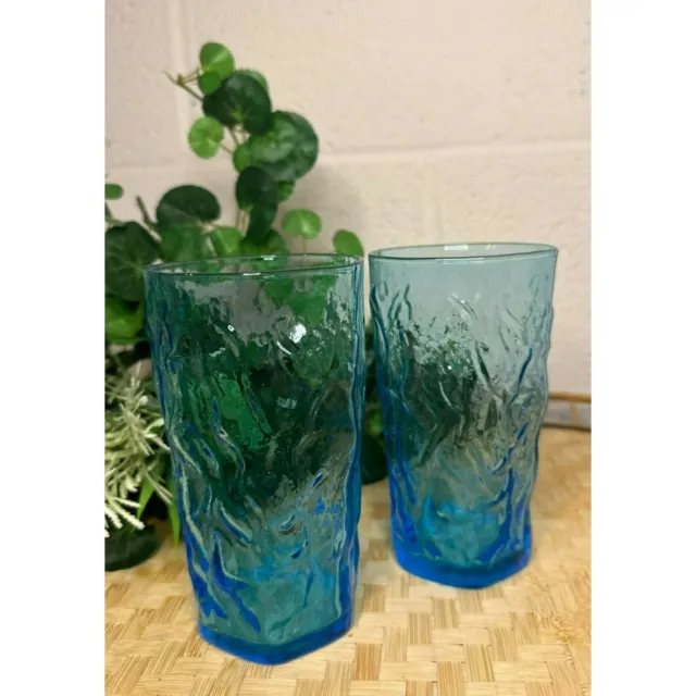 VTG Lido Milano Aquamarine Juice Glasses, Retro Cool Crinkle Ocean Blue Set of 2