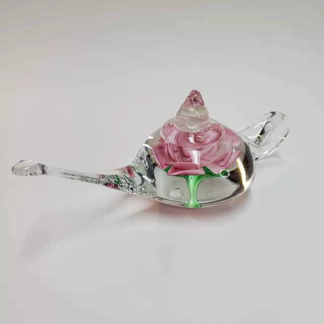 Hand Blown Art Glass Genie Lamp with Pink Rose Paperweight