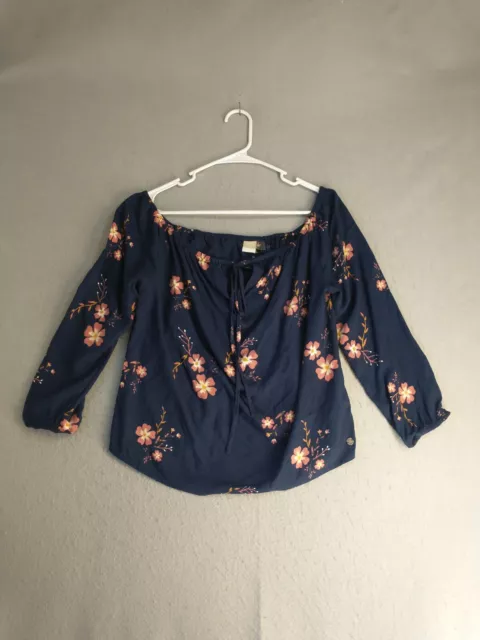 Roxy Womens Top 8 Blue Floral Off The Shoulder Scoop Neck Long Sleeve Pullover