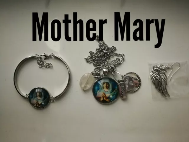 Code 180 Mother Mary Cabochon Necklace N Bracelet N Feather Earrings Clear Qtz