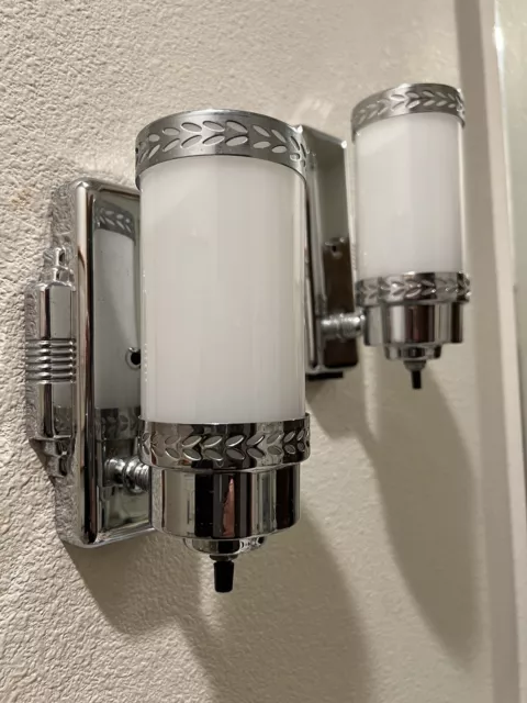 Pair Art Deco Chrome Sconces Milk Glass Cylinder Shades Lights Wall Fixtures