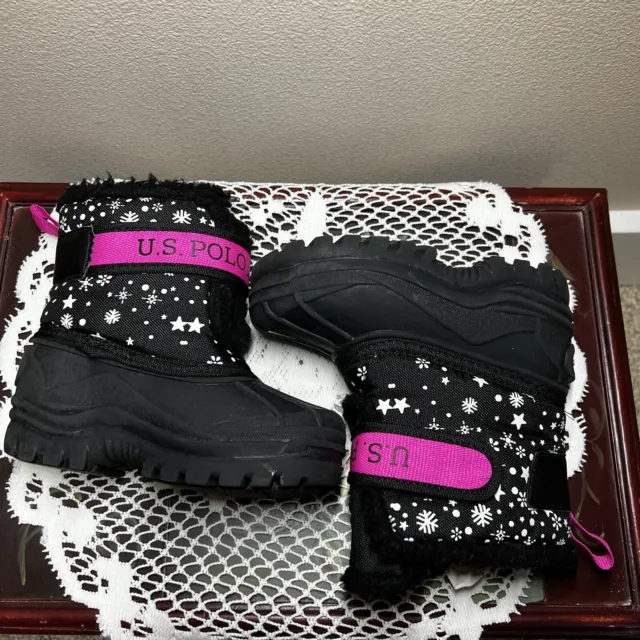 U.S. Polo Assn Little Girls Black Pink Snowflake Snow Boots Faux Fur 9M 3