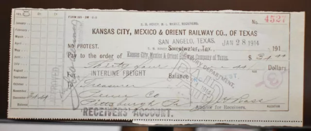 Kansas City Mexico & Orient Railway San Angelo TX 1914 Antique Bank Check