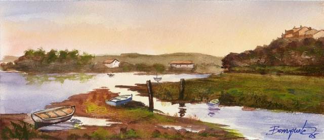 PINTURA A LA ACUARELA ORIGINAL DE BERRUGUETE “Amanace en la Ría de Castropol”