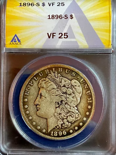 1896-S Morgan Dollar VF 25 ANACS 90% Silver US Coin - Nice Tones 3