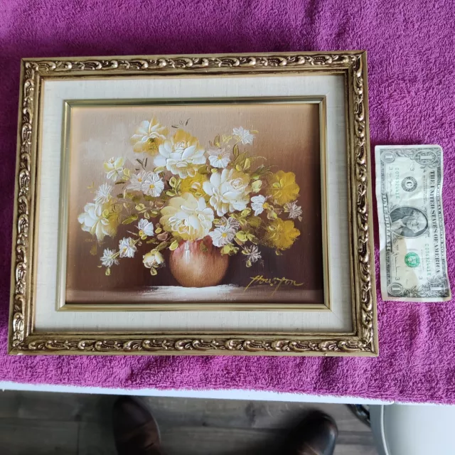HOUSTON Signed Framed Oil Vintage Elegant Floral Flower Display 13 X 11