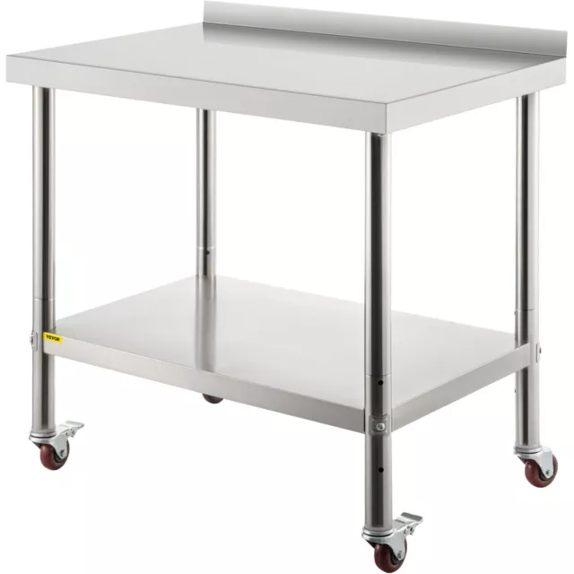 VEVOR 36x24in Stainless Steel Kitchen Work Prep Table w/ Backsplash & Casters