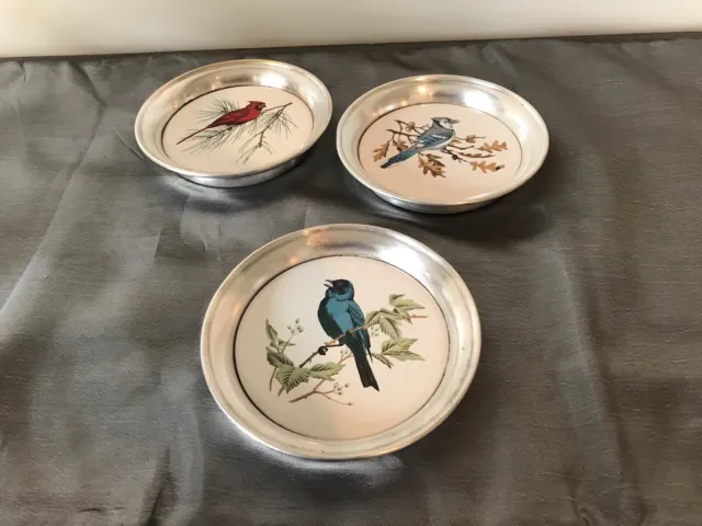 Vintage Coasters Silver Plated Three With Porcelain Bird Pictures