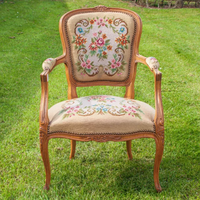 French Louis XV Style Carved Oak Needlepoint Armchair Floral Pattern! SOM999