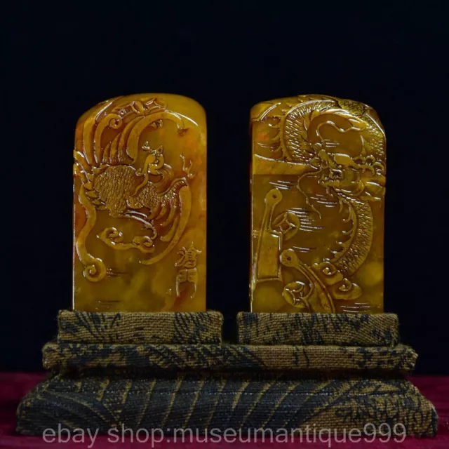 2.4" China Natural Tianhuang Shoushan stone Carving Dragon Phoenix Seal Signet