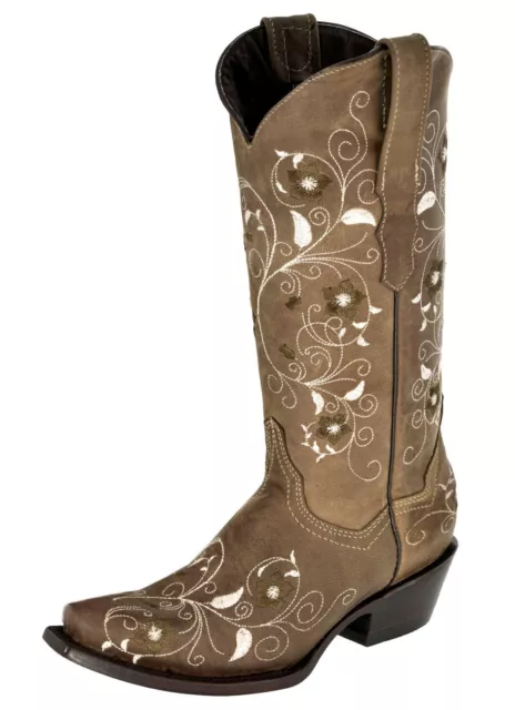 Womens Cowboy Boots Light Brown Western Wear Leather Floral Embroidered Snip Toe