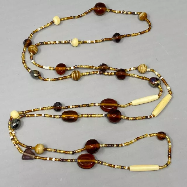 Czech Glass Beads Necklace Brown Cream Swirl Boho Long Sautoir Seed Vintage 48"