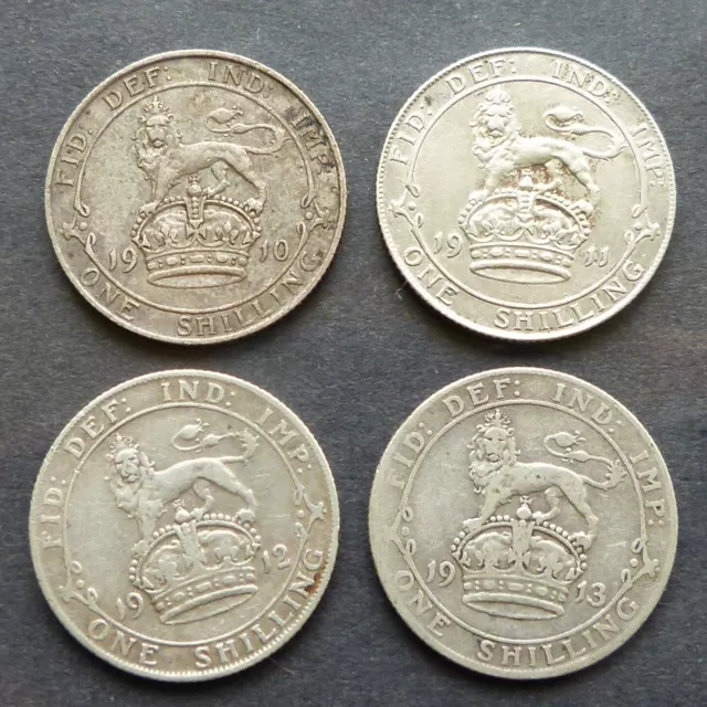 Four George V and Edward VII SILVER SHILLINGS 1910, 1911, 1912 and 1913