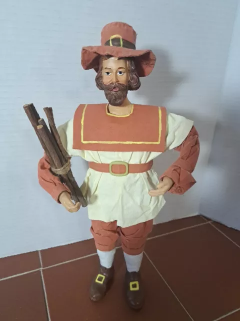 Vintage Thanksgiving Paper Mache/ Composit Folk Art Pilgram Man W/ Wood Figurine