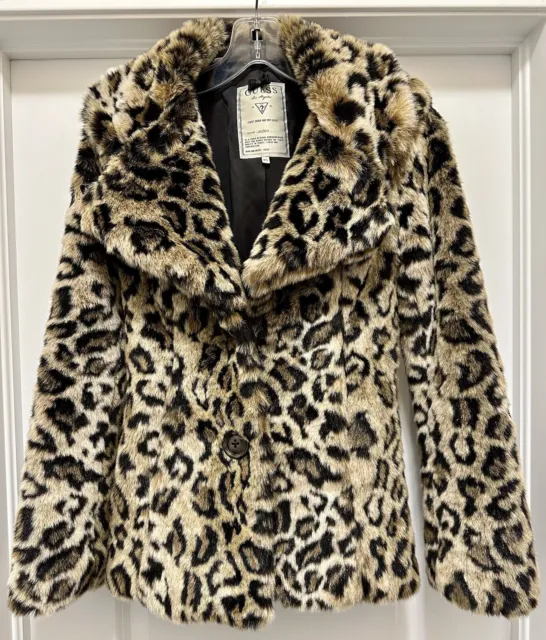 Guess Faux Fur Leopard Cheetah Print Jacket Coat XS XSmall