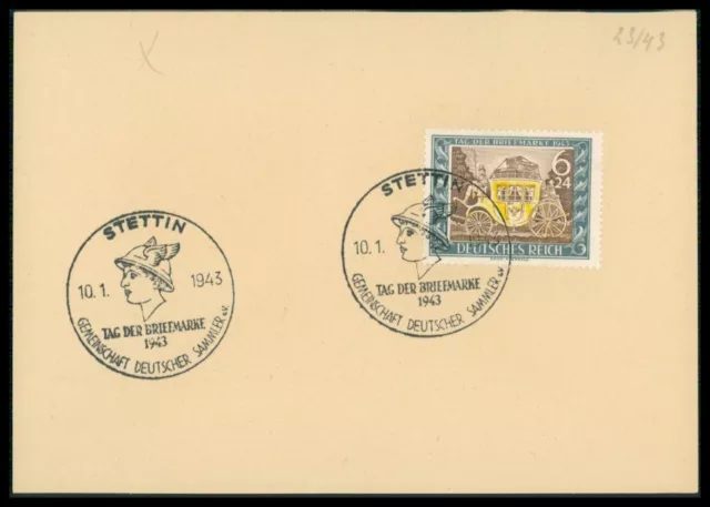 3. REICH FDC 828 TAG DER BRIEFMARKE 1943 "STETTIN" POSTKUTSCHE HERMES az29