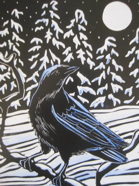 Molly Hashimoto CROW & MOON (Raven or Crow) Black Wood Framed matted print 2