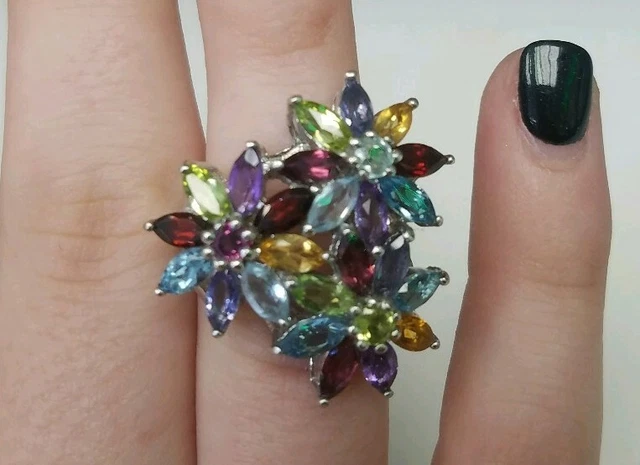 **Sterling Silver Multi-Gem Flower Ring Size 5.75**