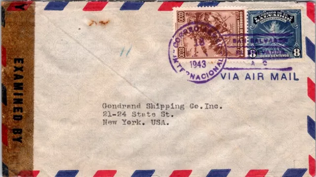 Schallstamps El Salvador 1940-45 Postal History Censored Airmail Cover Addr Usa