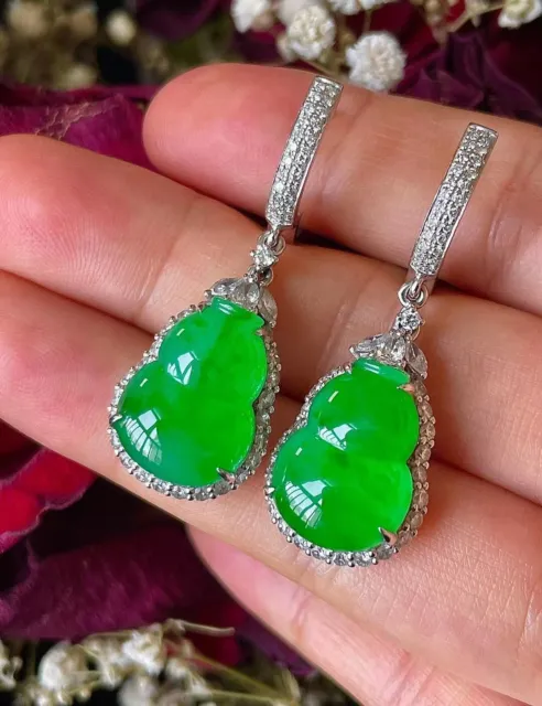 Top Emerald 100% Natural Ice Green Jadeite jade Lucky Gourd earrings earbob