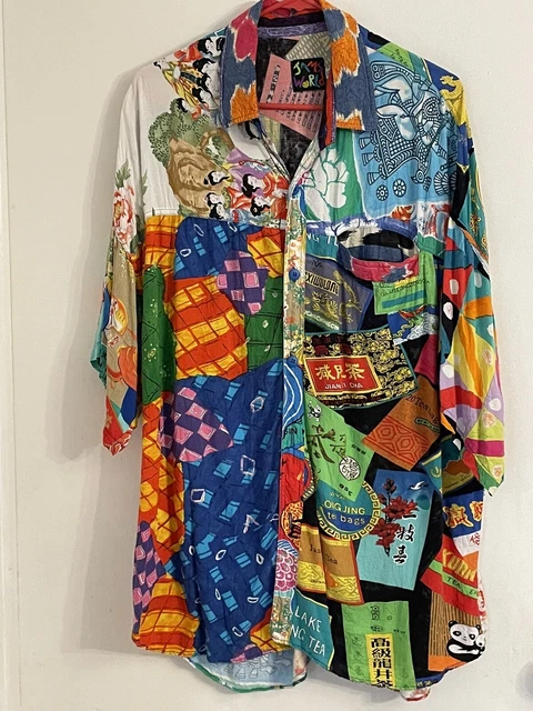 VINTAGE JAMS WORLD COLORFUL PATCH WORK ART BUTTON FRONT RAYON Shirt Asian SZ XL