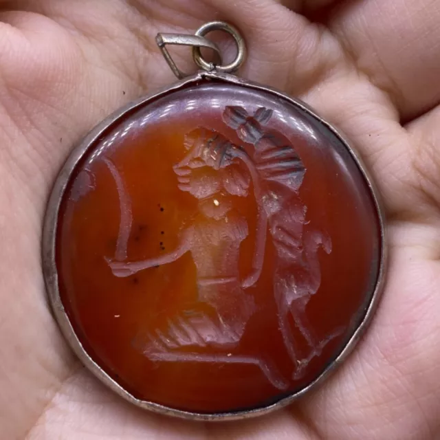 Lovely ancient Roman rare agate stone king intaglio mix silver pendant