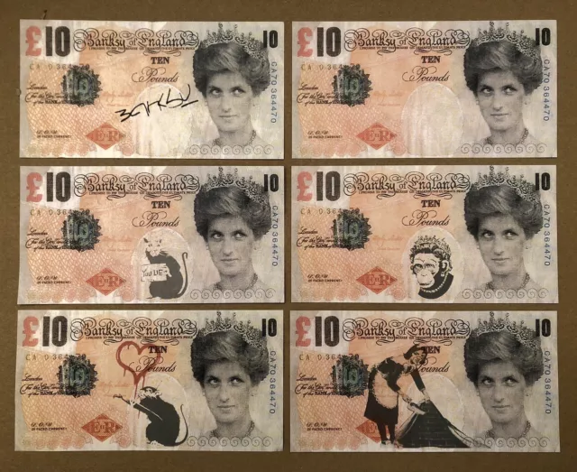 Set Of Six Banksy Di Faced Tenners £10 Ten Pound Princess Diana Replica Notes