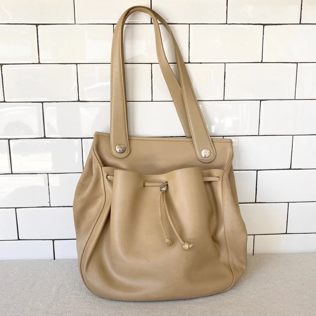 Longchamp Cream Leather Shoulder Bag Drawstring Pocket Tote Purse