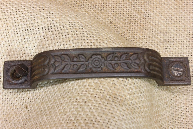 Old Drawer Pull Door Handle Hardware Store 4” Fancy Flowers Vintage Rustic Iron