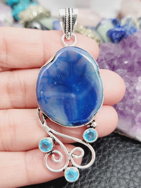 Drusy Solar Quartz, Blue Topaz 925 Sterling Silver PENDANT Singapore Chain 20"