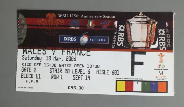 Ticket - Billet De Rugby - France Pays De Galles - Six Nations - 18 Mars 2006