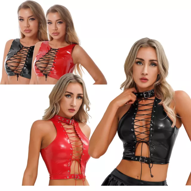 Sexy Damen Crop Top Bauchfrei Korsett Oberteil Lack Leder Bustier Party