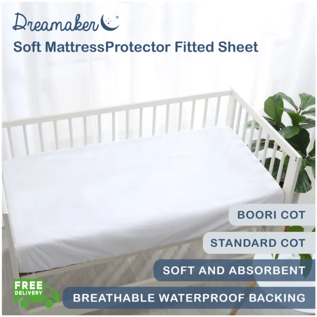 Dreamaker Soft Waterproof Cot Mattress Protector Standard & Boori Fitted Sheet