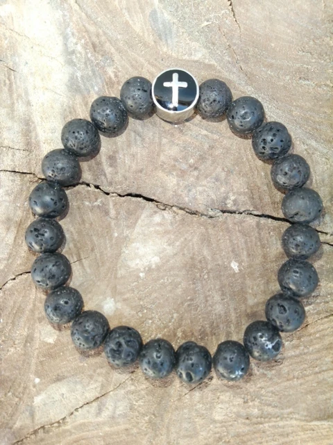 Bracelet Extensible Agate Verte Avec Croix Chrétienne - Style Chakra - Neuf Avec étiquettes