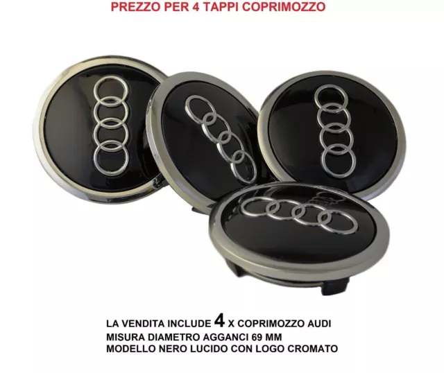 4 tappi audi 69mm coprimozzo cerchi lega a3 a4 a5 a6 rs3 q5 q7 s4 nero borchie